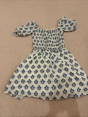 Girls White Dress with Blue Floral Print and Smocked Bodice